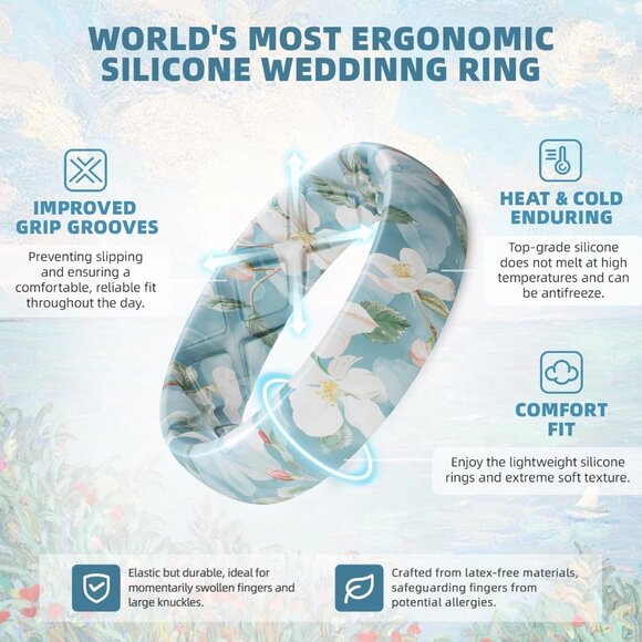 Women's Silicone Statement Rings, 5.2mm Wide 2mm Thick Rubber Printed Floral Wed - Picture 2 of 6